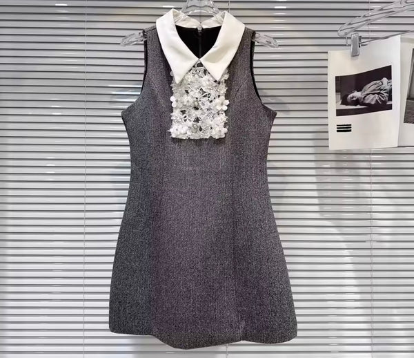 Women Collar Sleeveless Lace Tweed Dress