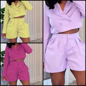 Women Color Button Up Full Sleeve Blazer Two Piece Short Set