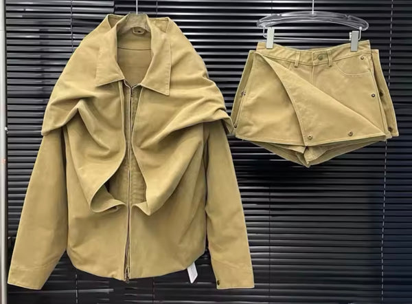 Women Fashion Zip Up Button Jacket Two Piece Wrap Short Set