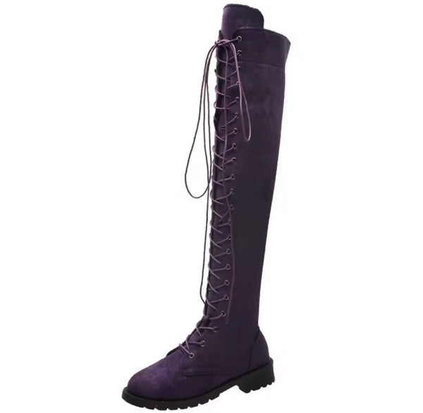 Women Fashion Color Suede Lace Up Over The Knee Flat Boots