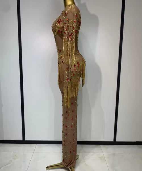 Women Sexy Full Sleeve Crystal Rhinestone Tassel Mesh Maxi Dress