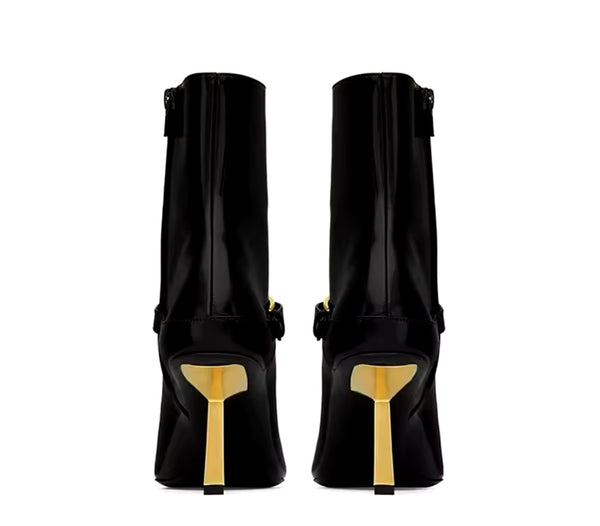 Women Fashion Pointed Toe Gold Buckled High Heel Ankle Boots