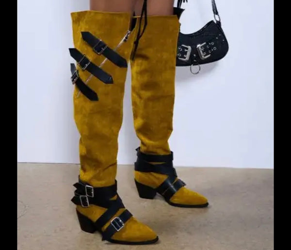 Women Fashion Suede Buckled Zipper Over The Knee Boots