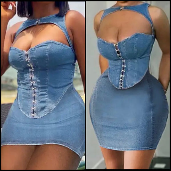 Women Sexy Sleeveless Corset Denim Two Piece Skirt Set