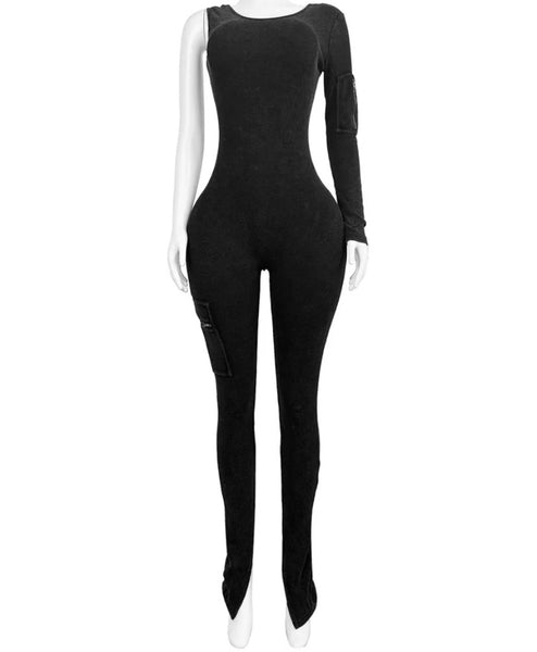 Women Fashion One Shoulder Full Sleeve Pocket Ribbed Jumpsuit