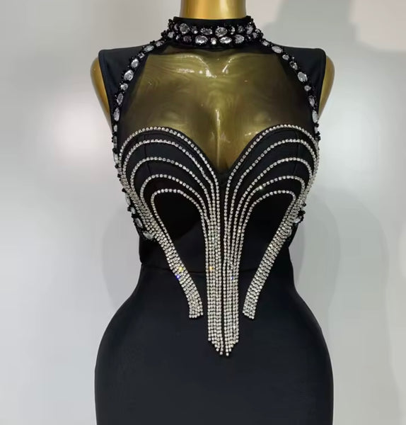 Women Black Sexy Sleeveless Rhinestone Maxi Dress