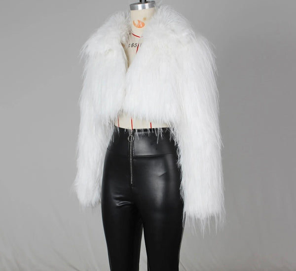 Women Solid Color Faux Fur Full Sleeve Crop Top