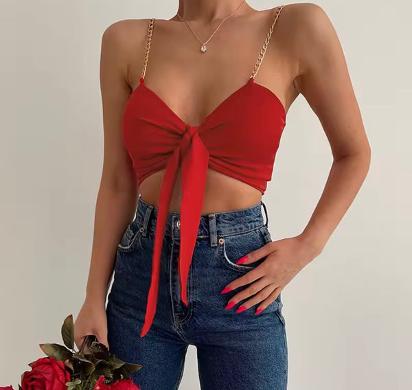 Women Red Chain Sleeveless Tie Up Fashion Crop Top