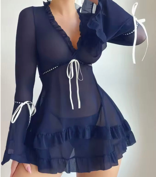 Women Sexy Bow Mesh Ruffled Full Sleeve Lingerie Set