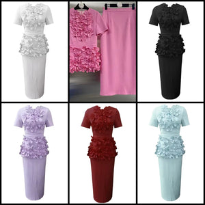 Women Solid Color Floral Short Sleeve Two Piece Maxi Skirt Set