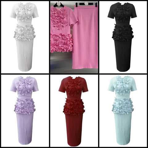 Women Solid Color Floral Short Sleeve Two Piece Maxi Skirt Set
