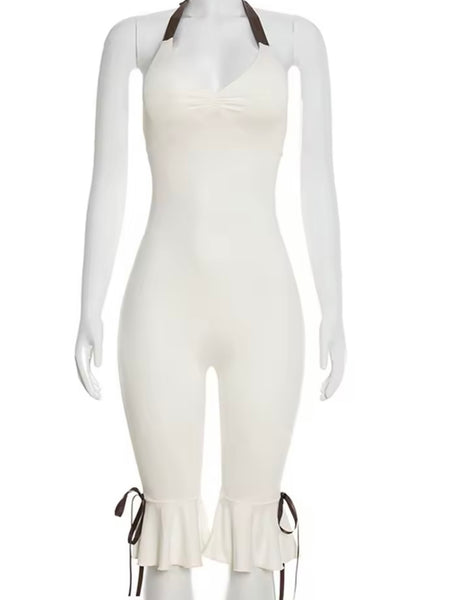 Women Sexy White Halter Sleeveless Ruffled Romper