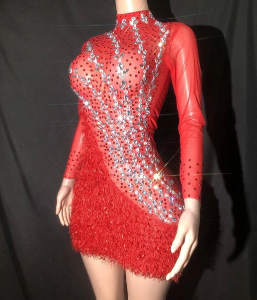 Women Sexy Red Bling Mesh Patchwork Full Sleeve Velour Dress