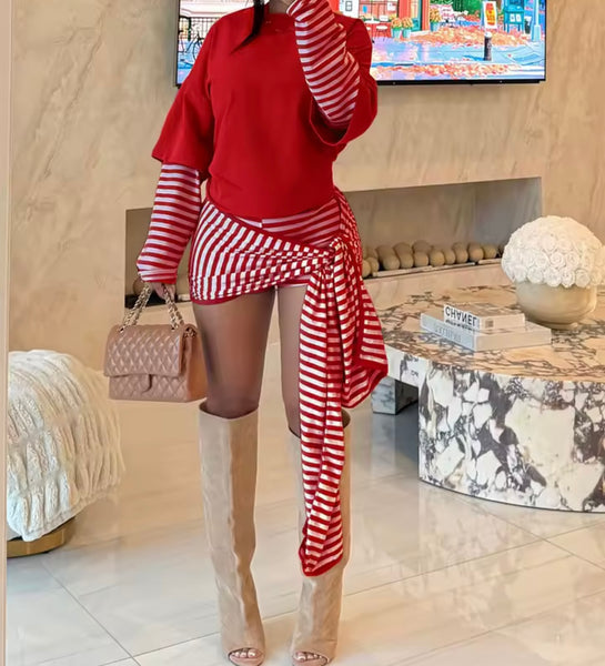 Women Color Striped Full Sleeve Fashion Two Piece Wrap Skirt Set