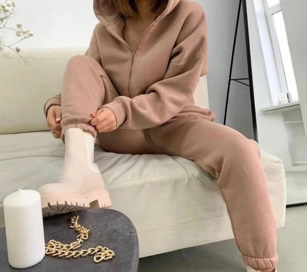 Women Fashion Color Hooded Zip Up Two Piece Tracksuit Pant Set