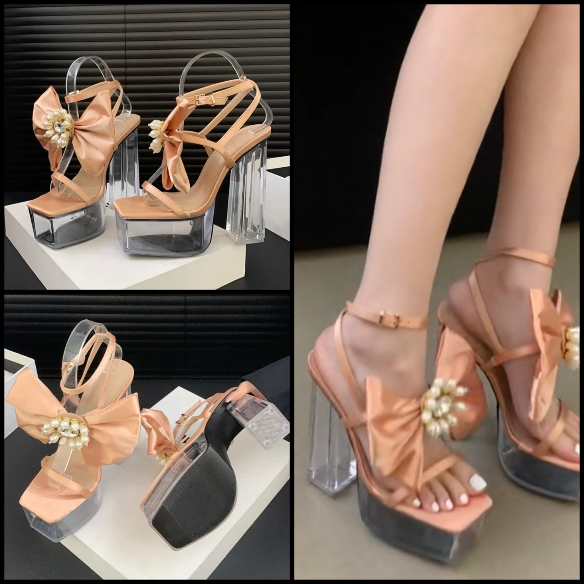 Women Color Bow Transparent Platform Ankle Strap Sandals