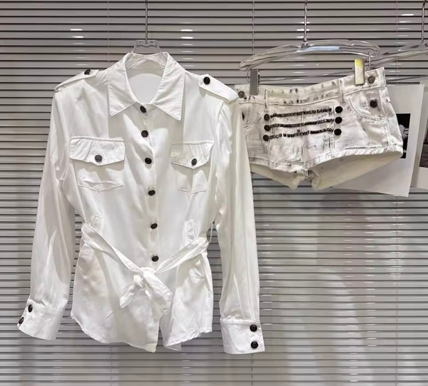 Women Button Up Full Sleeve Two Piece Fashion Chain Denim Short Set
