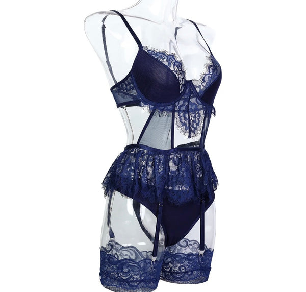 Women Sexy Sleeveless Lace Mesh Bodysuit Lingerie Set