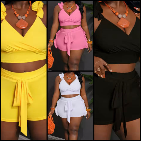 Women Solid Color Sleeveless Ruffled Two Piece Short Set