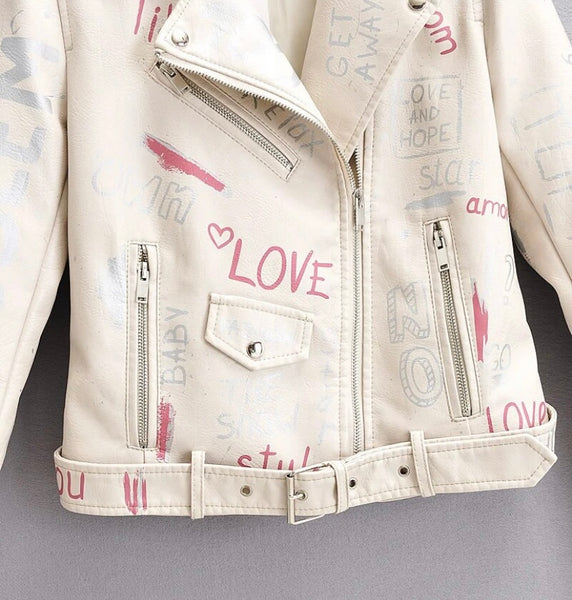 Women Fashion Color Graffiti Faux Leather Jacket