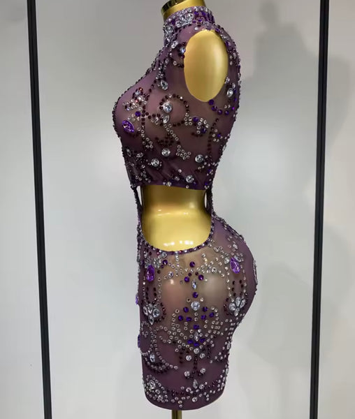 Women Sexy Sleeveless Purple Rhinestone Mesh Dress
