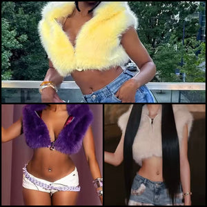 Women Zip Up Hooded Sleeveless Fashion Faux Fur Crop Vest Jacket