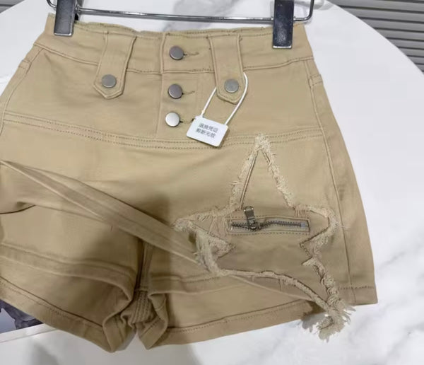 Women Fashion Zipper Star Button Up Denim Wrap Shorts