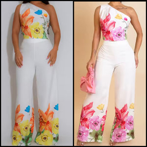 Women One Shoulder Sleeveless White Floral Print Two Piece Pant Set