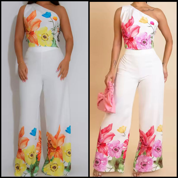 Women One Shoulder Sleeveless White Floral Print Two Piece Pant Set