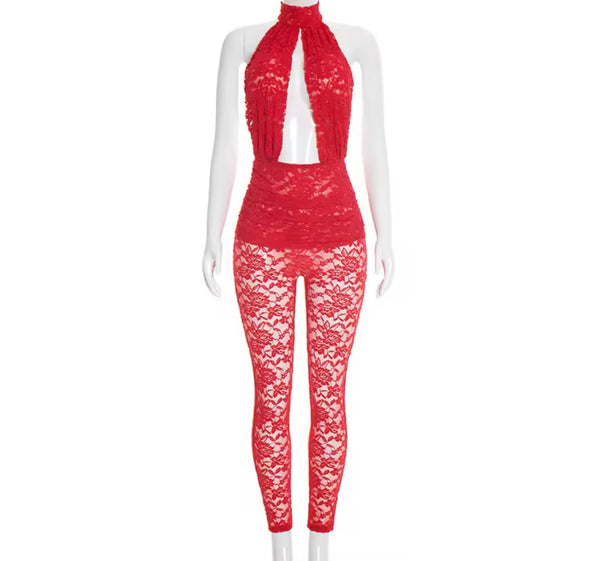 Women Sexy Halter Sleeveless Lace Cut Out Jumpsuit