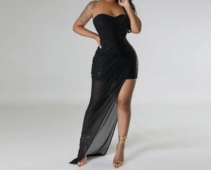 Women Sexy Strapless Sequins Mesh Asymmetrical Dress