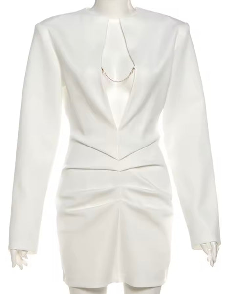 Women White Sexy Chain Deep V-Neck Full Sleeve Ruched Dress