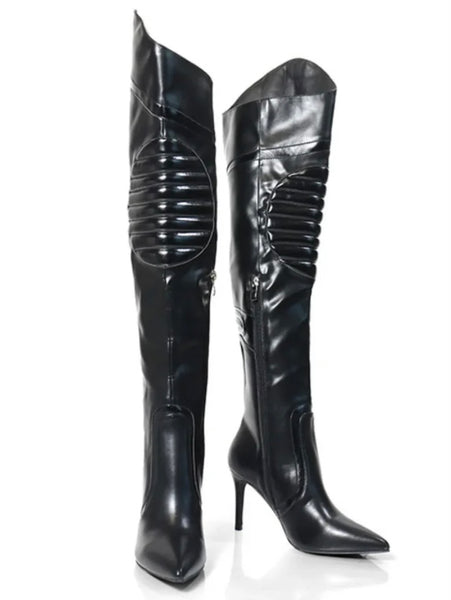 Women Pointed Toe Faux Leather Color Patchwork Knee High Boots