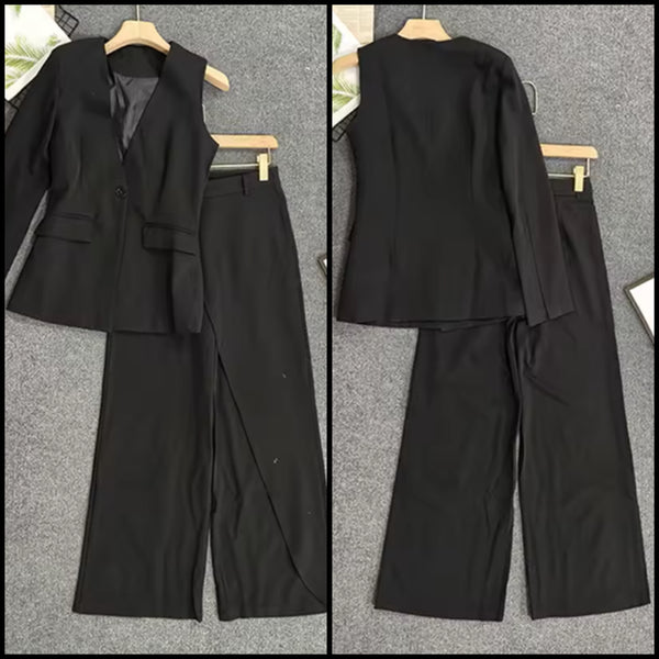 Women Black One Shoulder Blazer Fashion Two Piece Wrap Pant Set