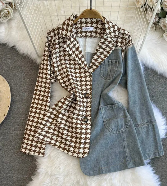 Women Fashion Houndstooth Denim Patchwork Blazer Top