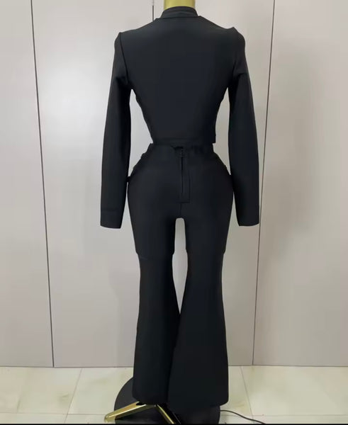 Women Black Gold Button Full Sleeve Two Piece Pant Set