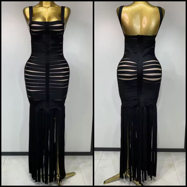 Women Sexy Black Sleeveless Fringe Tassel Bandage Maxi Dress