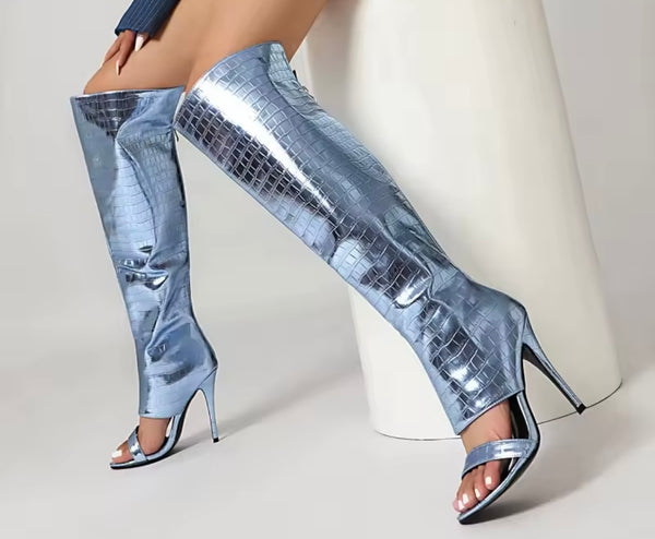 Women Fashion Open Toe Metallic Knee High Boots