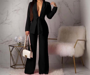 Women Solid Color Sexy Full Sleeve Blazer Two Piece Pant Set