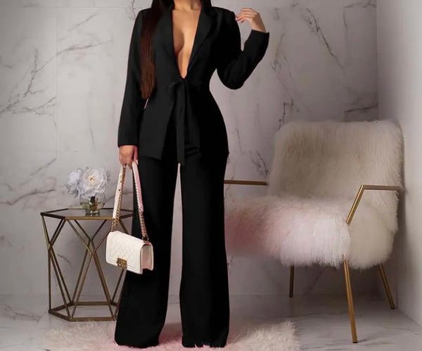 Women Solid Color Sexy Full Sleeve Blazer Two Piece Pant Set