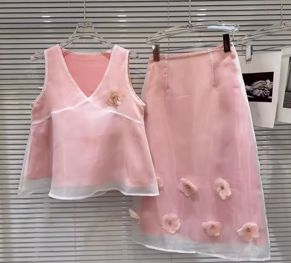 Women Sexy Sleeveless Pink 3D Floral Two Piece Skirt Set