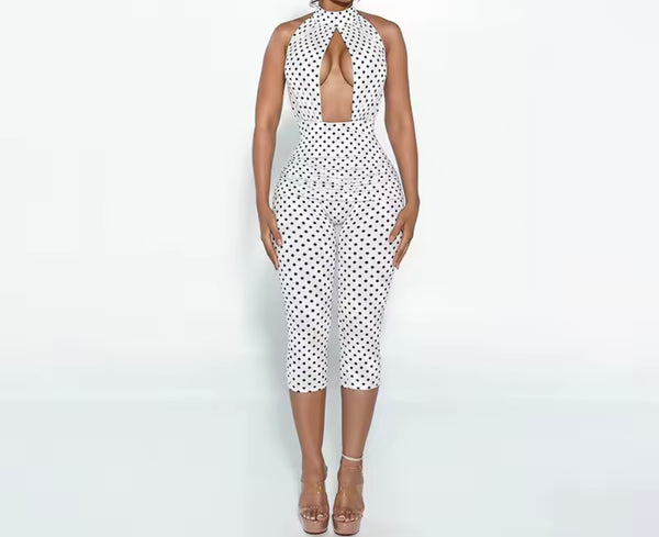 Women Halter Open Back Sexy Sleeveless Polka Dot Jumpsuit