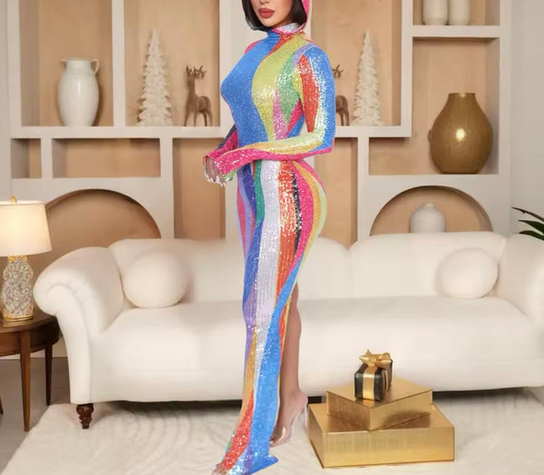 Women Color Patchwork Sparkly Hooded Full Sleeve Maxi Dress