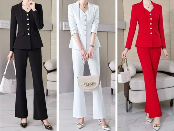 Women Fashion Button Up Full Sleeve Blazer Two Piece Pant Set