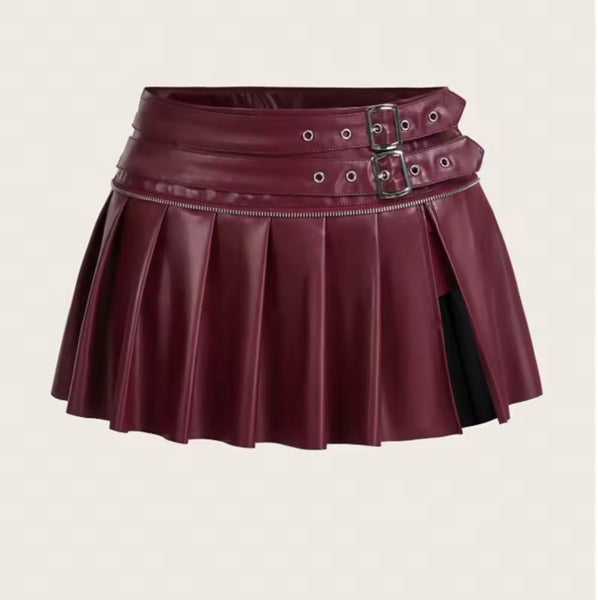 Women Sexy Fashion Buckled Pleated Faux Leather Skirt