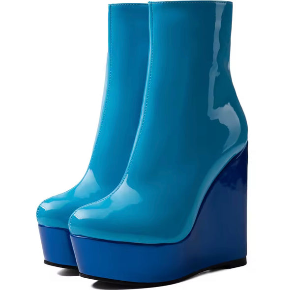 Women Fashion Blue Color Patchwork Platform Ankle Boots