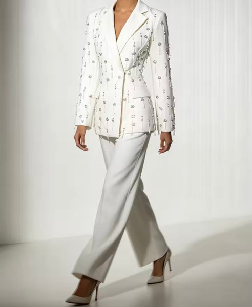 Women Fashion Rhinestone Tassel Blazer Two Piece Pant Set