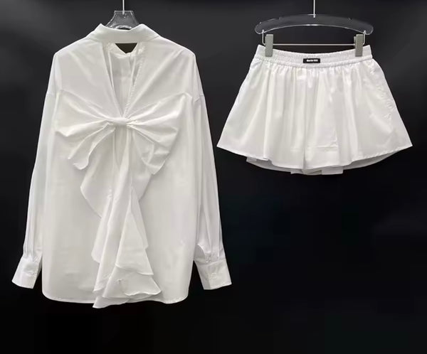Women Ruffled Bow Full Sleeve Fashion Two Piece Skirt Set