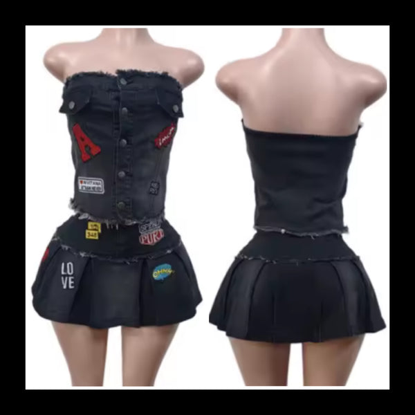 Women Button Up Strapless Denim Patchwork Two Piece Skirt Set