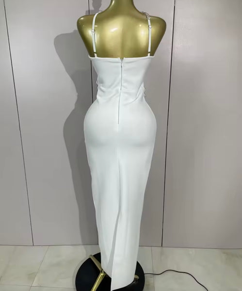 Women White Floral Rhinestone Sleeveless Sexy Maxi Dress